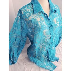 Boho Erika XL See-through Bright Blue Sheer Leaf Button Up Festive Indie Retro